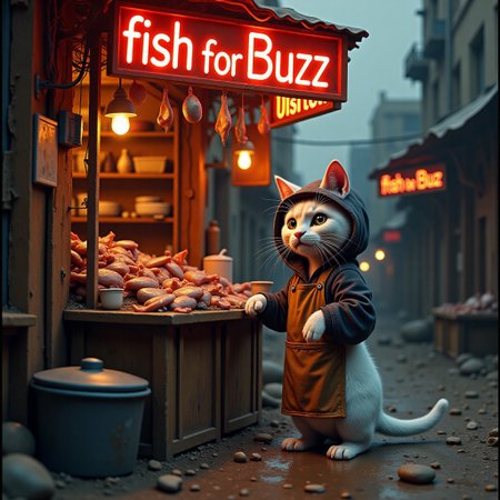 a realistic picture, , ((cute skinny  white cat wearing hoodie with apron standing in front of his fish stall in fish market, butcher's hat , win right hand he got fish, begging face,  on top of his street stall ,The neon signs glow warmly reads "fish for Buzz ", creating a nostalgic atmosphere (dynamic lighting:1,0),  background, ruined market after war, in midlle eastern country ,(intricate details,naturalism,hyperdetailed,hyperrealistic:1.55)
 mvpstrCE style 
((((Display the text help me with buzz!" on a movie poster)))). no human