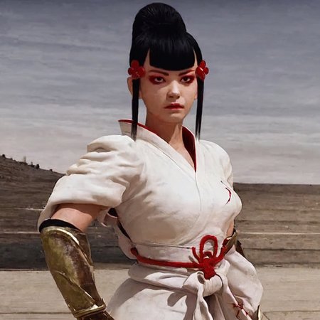 cinematic film still, saturated colors, negative space, 
1 adult woman, 
TKNKZMI, black hair, blunt bangs, 

(breaking bad style), face of Marie Schrader, (solo female focus), 
red eyeshadow, sidelocks, hair ornament, hair bun, white kimono, arm guards,

leading lines, 
backdrop is DOJO, scenery,