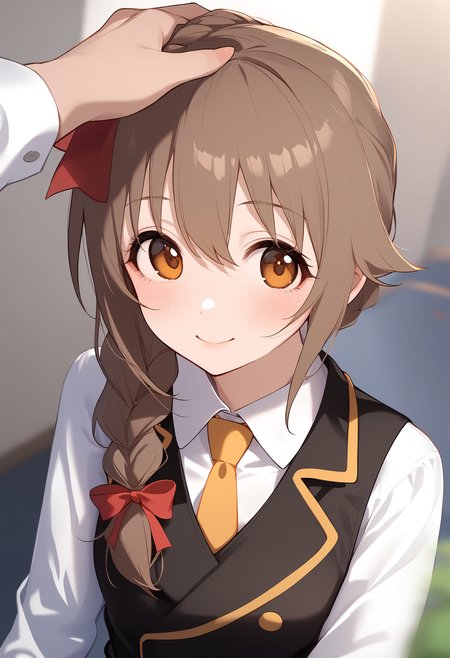 1girl,
senkawa chihiro,


single braid, blurry, upper body, long hair, shirt, ribbon, looking at viewer, blush, sidelocks, white shirt, pov, depth of field, red ribbon, braid, hair ribbon, smile, hair over shoulder, black vest, vest, collared shirt, headpat, hair between eyes, yellow necktie, long sleeves, closed mouth, pov hands, out of frame, brown hair, holding hands, yellow eyes, necktie, solo focus,

sfw
<lora:a31_char_new_senkawa_chihiro-000016:1> <lora:a31_style_koni-000010:0.8>
