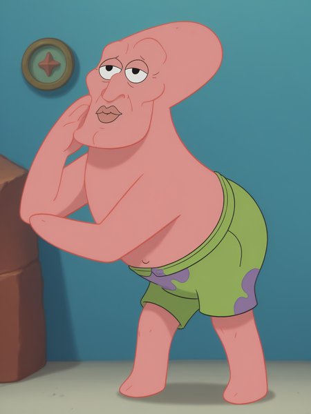 <lora:Patrick StarXL:1> <lora:handsomize_x_pdxl_v1:1> 1boy, solo, male, pink skin, green pants, starfish portrait, green shorts, handsomize, underwater, rock house in background BREAK, score_9, score_8_up, score_7_up, score_6_up, score_5_up, score_4_up