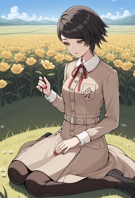 masterpiece, best quality, 1girl, wariza, holding flower, parted lips, looking at object, <lora:YokoSMT-illu:1> yoko, black hair, short hair, asymmetrical hair, swept bangs, brown eyes, brown dress, collared dress, breast pocket, neck ribbon, red ribbon, long sleeves, red nails, medium breasts, belt, black pantyhose, loafers, black footwear, flowers, grass, field, blue sky, landscape