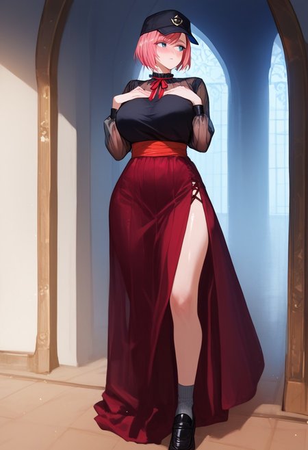 (score_9, score_8_up, score_7_up, high quality, best quality, ultra-detailed, very aesthetic, illustration, perfect composition, intricate details, absurdres, high res image, masterpiece, vibrant colors, beautiful face, detailed face, 1girl, solo focus, perfect eyes, detailed eyeshand, perfect hands), female, pink hair, medium hair, bob cut, swept bangs,  blue eyes, pale skin, thick thighs, perfect body, voluptuous, huge breasts, curvy body, narrow-waisted, wide hips, (luiThird, black hatwear, flat cap, black shirt, frilled collar, long sleeves, see-through sleeves, neck ribbon, long skirt, high-waist skirt, red skirt, cross-laced side slit, red sash, grey socks, black footwear, loafers), (blushing, looking away, hand on chest), (indoors, bedroom)