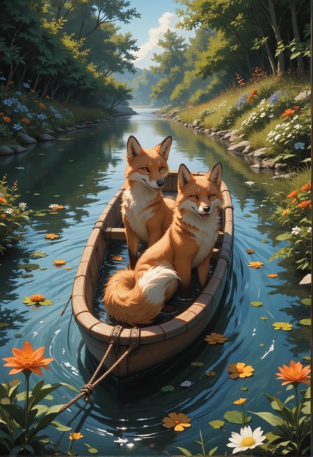 a RAW ultra-realistic photo, UHD,8K, masterpiece, best quality, higres, high detail, depht of view, score_9,score_8_up,score_7_up,embedding:zPDXL2, Expressive,colorful, , A fox is sitting in a boat. The boat is in the water. The water is blue. There are flowers floating on the water around the boat. There is a ladder next to the boat on the grass. The fox is looking at the camera., looking_at_viewer, flower, outdoors, day, artist_name, signature, water, orange_eyes, no_humans, animal, leaf, plant, white_flower, dog, animal_focus, fox,<lora:增强\(收藏)\sdxl_lightning_8step_lora.safetensors:1.0:1.0> <lora:(风格)\(收藏)\Expressive_H-000001.safetensors:0.8:0.8> <lora:(风格)\(收藏)\GN_v1.4.safetensors:0.4:0.4> <lora:增强\(收藏)\Hands XL 4.safetensors:1.0:1.0> <lora:Envy Pony Pretty Eyes 01.safetensors:0.3:0.3>
