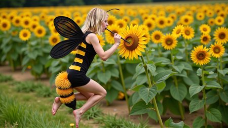 cinematic photo a (25 year old girl:1.5), she has huge bee wings attached to her back and bee antennae attached to her head, she's wearing a( black and yellow:1.2) horizontally striped figure hugging lycra minidress, the dress has a human sized (fuzzy bee abdomen attached sticking out at the butt:1.3)
she has blonde hair in a bob cut, she has a slim figure and long legs, she has medium sized breasts
she's hovering in midair in front of a enormous flower, the flower is bigger than the girl, ready to drink it's nectar through a long straw, the straw is held in her hand with the end (stuck into the flower:1.3)
she's in a meadow of enormous wild flowers,, score_9, score_8_up, score_7_up, hyperdetailed, hyperrealistic,  best quality, (masterpiece:1.3),high-definition, intricate details, volumetric lighting, symmetrical face, level eyes, . 35mm photograph, film, bokeh, professional, 4k, highly detailed