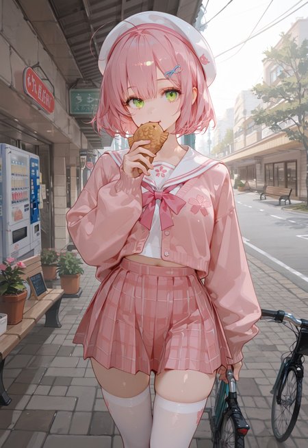 masterpiece, best quality, hyper-realistic, ultra-HD, luminous lighting, cinematic ambiance, shimmering gradients, ethereal glow, deep contrast, rich color tones, seductive atmosphere, captivating sensuality, Cinematic Lighting, raytracing, volumetric lighting, ambient occlusion, very awa, absurdres, amazing quality, ultra-detailed,8K,illustration,CG, 
BREAK 
shiny hair, clear skin, ultra-detailed-eyes, simple background, cute girl, eyelashes, slender, large breasts, (mature female), slim body, long lushes, long legs, flat stomach, matte skin, usnr, SagawaStyle,
BREAK
MikoSchool, ahoge, short hair, hairclip, white headwear, school uniform, white shirt, sailor collar, pink skirt, plaid, thighhighs, pink jacket,
BREAK
taiyaki, eating, holding, Countryside arcade street, scenery, outdoors, street, road, power lines, bicycle, car, sign, building, city, shop, storefront, bench, potted plant, tree, plant, flower pot, door, road sign, lamppost, vending machine, shutter, upper body, 