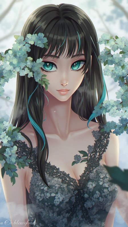<lora:ck-LttleGhost-000011.safetensors:1> in the style of ck-lttlegh0stThis digital drawing depicts a serene 18-22 year old woman with teal almond-shaped eyes, long dark hair featuring a striking blue streak, and a smooth complexion. She wears a low-cut dark lace dress adorned with floral patterns, which falls just above her knees. The intricate botanical elements framing her face add to the mystical atmosphere, along with the soft fog-like background and pastel color palette that creates an ethereal dreamlike quality.