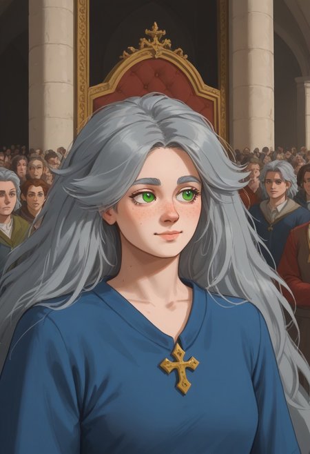 score_9, score_8_up, score_7_up, (((1 girl))), botw_style, ZeldaSDXL,
perfect face, pale skin, bright green eyes, gray hair, lush split ends, voluminous hairstyle, very long hair, freckles, freckled body, perfect anatomy, (perfect eyes, (green eyes), expressive eyes, eyes of the same color),
 a plump figure, ((self-confident)), ((smiling excitedly)), ((looking away)), in a blue outfit from "Tears of the Kingdom", (((bottomless))), ,
In THE BREAK,
standing in the throne room of the castle, making a statement in front of the kingdom, ((ultra-wide shot)), (((brightly lit))) 
BREAK,
crowd of people,knights,warriors, medieval clothes,