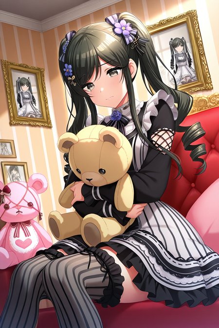 masterpiece, best quality, amazing quality,
 <lora:Tsubaki_IL:1> tsubaki, 1girl, stuffed toy, flower, stuffed animal, twintails, thighhighs, sitting, striped, indoors, picture frame, hair ornament, solo, hair flower, long hair, frills, dress, drill hair