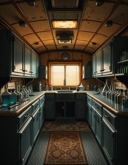 The interior of an old RV converted into a clandestine drug laboratory, inspired by the TV series Breaking Bad. The space is cramped and messy, filled with scientific equipment, glass beakers, flasks, burners, chemical containers, and lab tools scattered around. The walls are aged and stained, with peeling wallpaper and old metallic cabinets. A small sink area is cluttered with dirty lab glassware. The lighting is dim and tinted yellow, with sunlight barely filtering through dusty blinds. The floor is grimy, with a mix of rubber mats and worn carpet. The overall atmosphere is tense and gritty, capturing a sense of secrecy and danger. Hyper-realistic style, cinematic composition, rich in textures and shadows.
<lora:SDXLFaeTastic2400:0.4> <lora:extremely_detailed:0.4> extremely detailed,old RV drug l4b0r4t0ry, <lora:old_RV_drug_l4b0r4t0ry-i:1>, Masterpiece,best quality,hi res,8k,hi res,8k,award winning,(sharp focus, intricate, highly detailed),