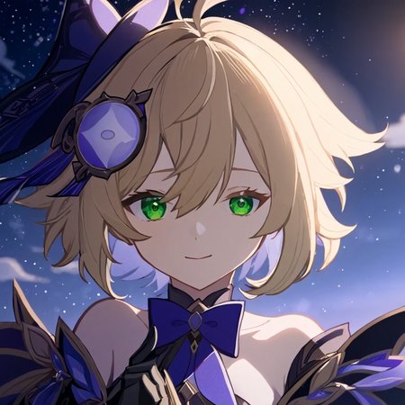 ultra-detailed,(best quality),((masterpiece)),(highres),original,extremelyï¼ <lora:juqing2:1>ï¼g1a2s, fischl (genshin impact), 1girl, blonde hair, green eyes, two side up, eyepatch, gloves, long hair, looking at viewer, smile, bangs, hair over one eye, bow, ribbon, hair ribbon, solo, bare shoulders, purple bow, upper body, detached sleeves, black gloves, closed mouth, bowtie, sky, sidelocks, hair ornament, 1boy, holding, dress, one eye covered, hair bow, purple bowtie, night sky, night