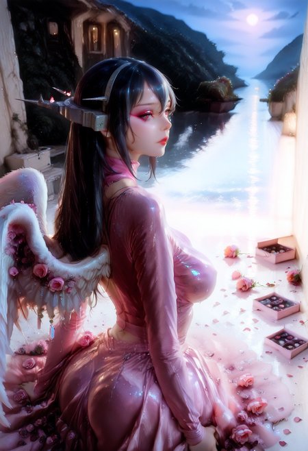 masterpiece, best quality, amazing quality, very aesthetic, absurdres, newest, (scenery, volumetric lighting),depth of field, 1girl,solo,sfw,((from behind:1.2),(from_back:1.2),,Cowboy Shot) ,rr makeup, portrait, lipstick, eyeliner,nagato kai ni \(kancolle\), kantai collection, 1girl, red eyes, hair between eyes, black hair, long hair, headgear,, 1girl,  "@_@", long sleeve, turtleneck, rf gown, pink flower, pink dress, flower, angel wings,, flower, roses, hearts, cherry blossom petals,box of chocolates,medium breasts, medium and teardrop shaped breasts,(covered breasts:1.3),curvy,skindentation,full_scorpion, romantic, in love, wet water drop, lying_on_water, detailed wet clothes, wet hair,moonlight, cumulonimbus_cloud,solo focus, unsr,,(shiny skin:0.7),(sakimichan:0.8,wlop:0.5),masterpiece, best quality, amazing quality, very aesthetic, absurdres, newest, (scenery, volumetric lighting),depth of field,gobo lighting,tax2rin,  <lora:memento mori:0.6> <lora:MoriiMee_Gothic_Niji_Style_Illustrious_r1:0.8> artist:moriimee <lora:ral-vltne:1> ral-vltne <lora:TQ_-_Rustic_Wooden_Valentines_Day_Backdrops:1>  <lora:GOBOLightingILL:1> gobo lighting, shadows <lora:romanticredeyeshadowILL:0.8>  <lora:RealflowergownILL:1>
