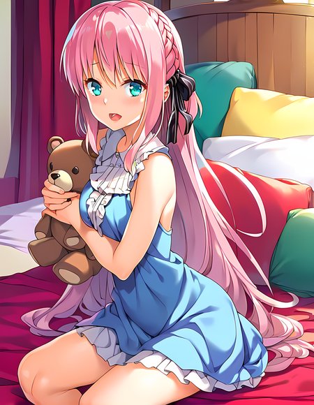 <lora:pony_xl_kaname:0.9>,kaname,score_9,score_8_up,score_7_up,source_anime,best quality,masterpiece,super fine illustration,1girl,solo,long hair,very long hair,sidelocks,hair bow,black bow,small breasts,looking at viewer,blush,open mouth,blue dress,sleeveless shirt,sleeveless,blue skirt,indoors,pillow,bed,holding_stuffed_animal,stuffed animal,teddy bear,bed sheet,little_girl,sitting,wariza,child,