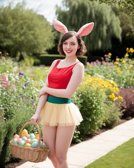 [[[[side angle]]]] [[street]] photography ((in the beautiful garden)),
a country irish texas perth tanned attractive college typical [curvy][fit] fashionista (wearing a easter bunny trendy smart fashion ensemble and flowing art deco vintage tutu),
bunny ears, holding an easter basket,  (dark auburn short hair)
excited, shocked, editorial, empathetic eyes,
subtle realism
analog film photograph by Javier Lucard