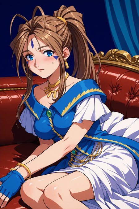 score_9, score_8_up, score_7_up, score_6_up, source_anime, 1girl, solo, <lora:belldandy-pdxl-nvwls-v1-000006:1> amgBDD, brown hair, ponytail, antenna hair, blue eyes, forehead mark, facial mark, necklace, earrings, blue and white dress, off-shoulder dress, white skirt, blue gloves, fingerless gloves, bracelet, sitting, couch, looking at you, large breasts, blush, half-closed eyes, 1990s \(style\), lying on side