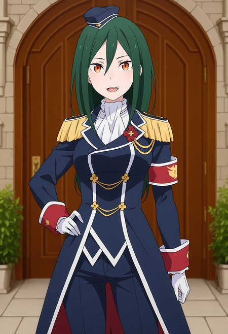 anime screencap, masterpiece, best quality,
<lora:ReZero_CrushKarsten_IlluXL:0.9>,
1girl, solo, open mouth, upper teeth only, light smile,
hair between eyes, long hair, green hair, orange eyes,
military uniform, mini hat, garrison cap, tilted headwear, long coat, blue coat, aiguillette, epaulettes, medal, white ascot, long sleeves, red armband, white gloves, blue pants,
hand on own hip, standing, looking at viewer, cowboy shot,
outdoors, mansion, doors, plant, medieval, photo background, blurry background