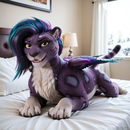 score_9, score_8_up, score_7_up, score_6_up, score_5_up, score_4_up, masterpiece, high quality, realistic, detailed, best quality, white bed, solo, rating_safe, source_furry, bedroom, smiling, seductive, looking at viewer, on bed, lying on belly, allura_mlpg5, snow leopard, purple fur, purple hair, paws, chest fluff, wings, tail, female, 1girl, yellow eyes, helix piercing, feral
