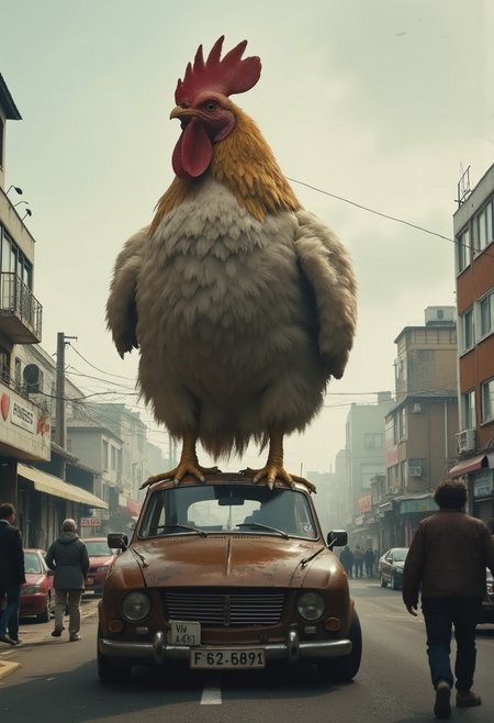 Create a vivid description of a scene where a fluffy giant adorable cute wooly animal chicken titan standing on smashed Car, engage in an epic battle reminiscent of old Japanese films, towering over the buildings of an urban town as they clash in a colossal showdown. very detailed, hd, RAW photograph, masterpiece, top quality, best quality, official art,highest detailed, atmospheric lighting, cinematic composition, complex multiple subjects, 4k HDR,. The photo features faded colors, with a limited palette of gray, beige, and washed-out orange, capturing the chickens cool, striking appearance.. cinematic composition, soft shadows, national geographic style, 
sinister Dark, cinematic, deep blacks, Perfect Hands,, the low-toned orange hues of the evening sun behind volumetric translucent Clouds, cast a mesmerizing backdrop, deep blacks, atmospheric haze, shrouded Dark, Film grain, very detailed, simple, Gradient,, atmospheric haze, Film grain, cinematic film still, shallow depth of field, highly detailed, high budget, cinemascope, moody, epic, OverallDetail, 2000s vintage RAW photo, photorealistic, candid camera, color graded cinematic, eye catchlights, atmospheric lighting, imperfections, natural, shallow dof