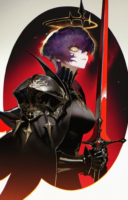 au (d elete), rella, liduke, pigeon666, reoen,
1girl, mature female, tall female, dark purple hair, short hair, wavy hair, yellow eyes, thick eyelashes, + +, tsurime, glowing eyes, medium breasts, expressionless, high collar, black golden robe, pauldrons, gauntlets, armor, sharp crown, holy magic, glowing magic, holding holy staff, holy sword, holding sword, sword at front, sword over face, sword over one eye,
looking at viewer, face focus, upper body, from side,
backlighting, cinematic lighting, lens flare, dark red theme, dark background, chromatic aberration,
star \(symbol\) background, shining halo background,, masterpiece, best quality, amazing quality, very aesthetic, absurdres, best quality, newest,