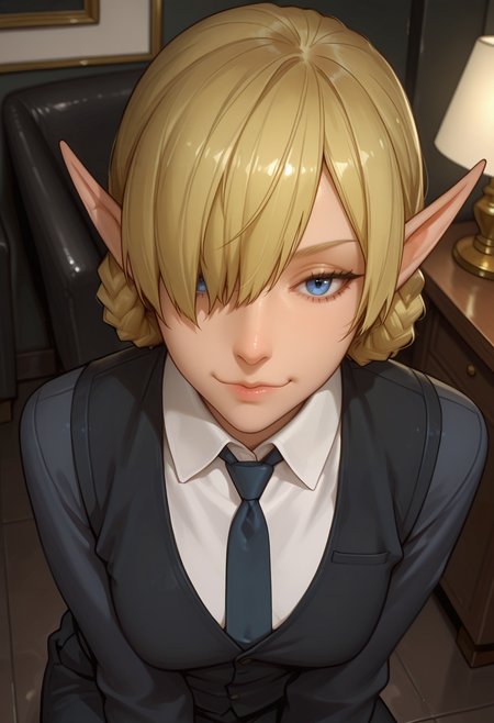 Smooth Quality,masterpiece,very intricate, high quality details, ultra realistic, high detailed skin,detailed enviorement,absurdres,
dim lighting, depth of field,eye catching, ambient occlusion, raytracing,
office, lamp, tie, collar, smirk, leaning, bold,  ,
front view,bored,solo, 
 <lora:MoriiMee_Gothic_Niji_Style_Illustrious_r1:0.9> artist:moriimee,
 <lora:Kagali_cnn:0.8> 1girl, short hair, blonde hair, blue eyes, pointy ears, braid, hair over one eye, elf,cardigan,  ,vest, ,pants,,