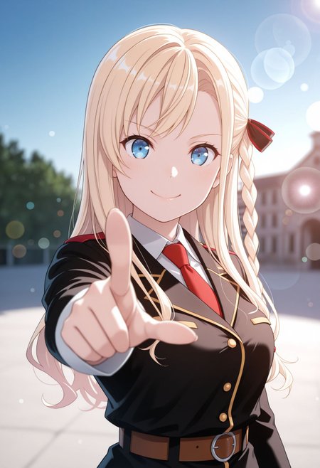 masterpiece,best quality,absurdres,highres,very aesthetic,high quality,detailed,insanely detailed,beautiful,perfect lighting, ,depth of field,blurry background,bokeh, looking at viewer,
 <lora:Wilhema  illu:1> 1girl, blonde hair, blue eyes, long hair, pointing, braid, black skirt, red necktie, military uniform, lens flare, belt, breasts, outdoors, black jacket, hair ribbon, sky, day, smile,