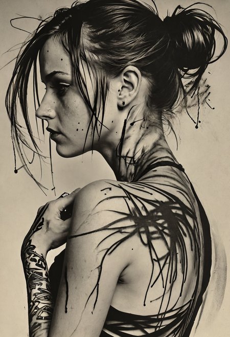 somber, girl with wildstyle graffiti tattoos, Hans Hartung, Sigmar Polke, <lora:add-detail-xl:1>, <lora:DD-Drawing-XL:1>