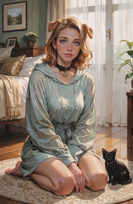 score_9_up, score_8_up, score_7_up, Casual, shiny skin,cell_shading, detailed, detailed background, detailed face, shiny skin, masterpiece, best quality, highly detailed, (realistic face:1.2), 
1girl, cozy living room environment, early morning environment, relaxed theme, soft sunlight coming through sheer curtains, sitting cross-legged on the floor, warm gentle lighting
BREAK
a steaming cup of tea on a small wooden table, a plush rug underfoot, a tall bookshelf filled with books, a houseplant standing in the corner
BREAK
1girl, medium hair, loose waves, honey blonde hair, casual style, light green oversized hoodie, puppy ears, pet collar, hands resting on her knees, barefoot
 (ultra realistic, 32k, masterpiece:1.2), (high detailed skin:1.1), (high quality:1.1) <lora:incase-ilff-v3-4:0.4>