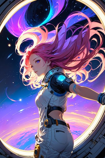 masterpiece,best quality,Cell shaded illustration. Petite female astronaut with very long glowing light red hair,hair floating in zero gravity,floating in the window of her space station looking at a vibrant,blue and violet nebula,Shoulders back. perfect face.. electric blue glowing swirl tattoos. Glowing gold eyes. below perspective bottom perspective,(realistic art style)