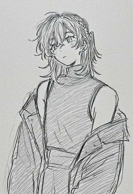 safe_pos, high resolution, 1boy, solo, medium hair, half up braid, jacket, turtleneck, jacket off shoulders, sleeveless shirt,greyscale, sketch,