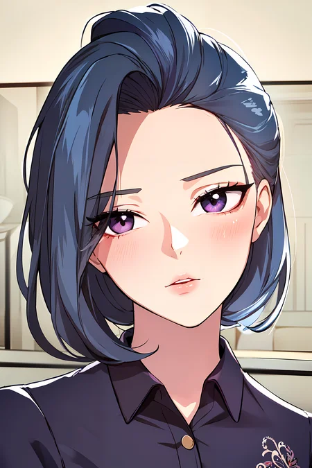 (masterpiece:1.2), best quality, 1lady, hair slicked back, pastel blue hair, purple eyes,| goddess, black polo shirt, paisley,  shirt, <lora:my_friends:0.5>, looking at viewer,