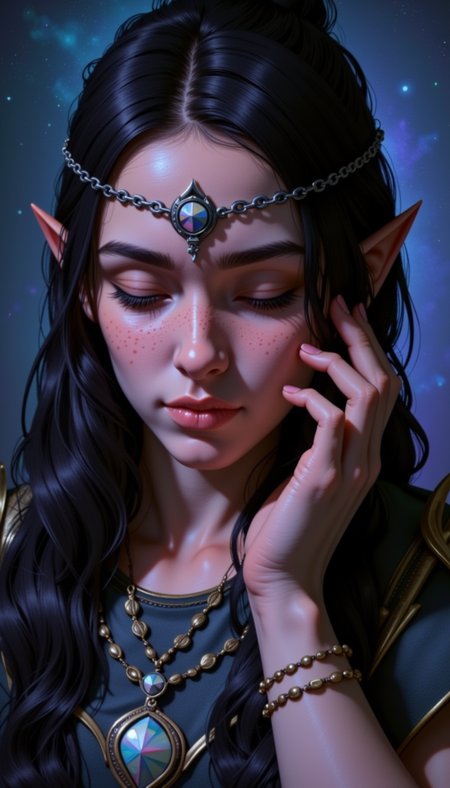 A sh4d0wh34rt female character. This image is a highly detailed digital illustration depicting fantasy elf-like character with pointed ears, fair skin, and long, dark hair. The subject young woman serene expression, her eyes closed lips slightly parted. She has delicate, feminine face hint of freckles on nose cheeks. Her skin smooth flushed, adding to the ethereal, otherworldly feel artwork.
She wearing headpiece that resembles crown intricate, metallic patterns, necklace adorned beads pendants add touch attire. background textured, blend deep blues purples, creating mystical atmosphere. lighting soft moody, casting shadows highlight contours textures hair clothing.
Her right hand gently touching cheek, fingers spread, subtle reflection light nails. overall style realistic focus fine details textures, making appear lifelike immersive. artist's signature visible side image, personal piece.