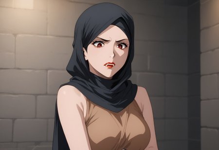score_9, score_8_up, score_7_up, score_6_up, score_5_up, score_4_up, source_explicit, BREAK, solo:1.6, 1girl, vampire, black hair, red eyes, brown cloth tube-tob, midriff,  (dungeon background:1.5), (long black hair sticking out from black hijab:), long black hair:1.7,  sleeveless, vampire fangs, , pale skin, , sm_an_stl, source_anime, anime screencap, anime, animification, BREAK,  , hijab , ((brown hemp top)), ((brown hemp clothing)),  stone walls, wall torches, bangs sticking out from hijab, stern expression,,  standing, bending down, discovering foot prints, investigating, looking down, thinking, cowboy shot , stone brick  well, (zoom out), establishing shot,