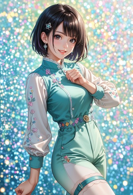 score_9, score_8_up, score_7_up, masterpiece,source_anime, best quality, perfect anatomy, very aesthetic, ((outlined outlined vector graphics)),glittering, glimmering, green theme,detailed background,cowboy shot,cute face,
1girl,20yo, black hair, black eyes, short bob hair, hair pin,mdeium  breast, slender,(white thigh strap:1.1),(black clohtes:1.1),
, looking at viewer,, jewelry, earrings, parted lips,, long sleeve ,  standing , ,  action pose ,pants, (clothed:1.4) , smile , rainbow, casual ware, rainbow powder background   <lora:rainbow-powder-background-01:0.9>