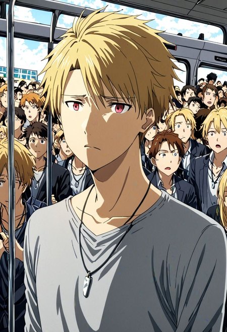 high resolution, solo, best quality, 1Boy, Yamato Ishida, Blond Hair, Necklace, inside a bus, crowd, horny, OverallDetail