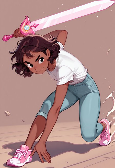 masterpiece, best quality, very aesthetic, absurdres, 1 girl, solo, Connie_Maheswaran, dark-skinned, short hair, wavy hair,  brown hair, black eyes, jean-short, white t-shirt, pink sneakers, smile, Single-edged sword, action pose,
 <lora:Smooth_Booster_v2:0.3>, <lora:Connie_Maheswaran_SU__Illustrious:1>,  <lora:HerrscherAGGA2025_COLIG_ST-IL_V2:1>