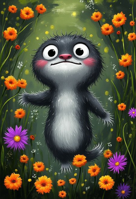 A whimsical illustration of a happy axolotl with delighted expression in dark whimsical art style, smiling with rosy cheeks, swimming among orange marigolds and purple water lilies, digital painting with expressive brushstrokes showing frilly gills, pond background, characteristic Tim Burton inspired design with cheerful bright eyes