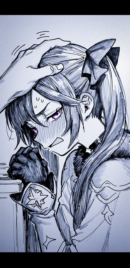 <lora:nhl-005-20:0.65>, nhl-005, <lora:ywstx-wai-20:0.5> ywstx, 
mona \(genshin impact\), cute, shy, 
profile, angry, headpat, head tilt, assertive female,  rectangular mouth,  profile,  narrowed eyes, looking at viewer, pov, hand pov, solo focus, full-face blush, upper body, black glove, greyscale, monochrome,
(maki keigo:1.2), narue, tatsumi \(psmhbpiuczn\),  (messy:1.3), rough sketch, linear hatching, hatching \(texture\), traditional media, paper texture,  
masterpiece, best quality,
