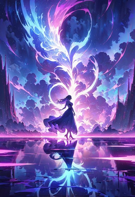 serene night, beautiful sky, dancing silhouette, Complex landscape, best quality, pastel colors, light blue tint, aesthetic Ethereal, Effulgent, Idyllic atmosphere,  Tranquil,  ethereal quality, cinematic volume, Twinkling lighting, glowing aura, global illumination,  glowneon, Anisotropic Filtering, Unrivaled Opus, Unconventional, hyper detailed, HDR,