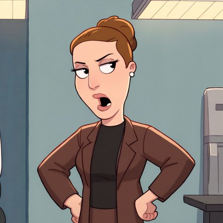 angela, brown hair, hairbun, lips, earrings, black eyes,
formal, jacket, black shirt, skirt, half body,
hands on hips, open mouth, upset, 
score_7, score_7_up, 1girl, solo,
office setting,