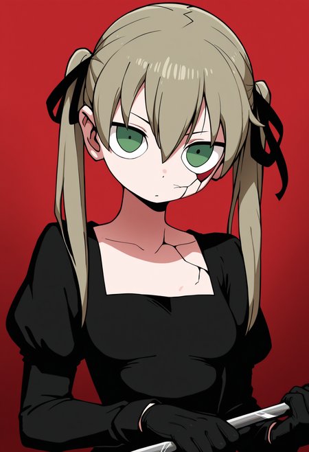 masterpiece,best quality,amazing quality,
1girl, solo, green eyes, twintails, long hair, ribbon, gloves, hair ribbon, brown hair, holding, black ribbon, black gloves, upper body, bangs, red background, looking at viewer, dress, hair between eyes, breasts, black dress, cracked skin,
maka albarn, 
<lora:Akai_ugokashitari:1>