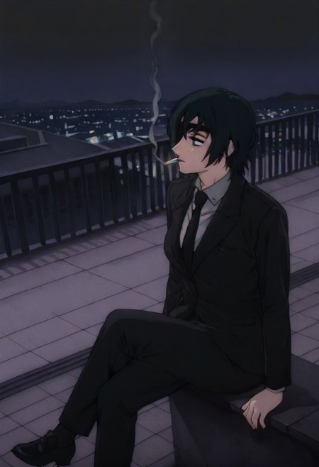 masterpiece,best quality,amazing quality,absurdres, 1girl, solo, masterpiece, best quality, Himeno, medium breasts, short hair, black hair, blue eyes, bangs, eyepatch, suit, suit pants, cigarette, smoking, looking away, rooftop, sitting down, leg dangle,