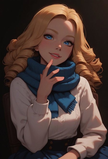 score_9, score_8_up, score_7_up, score_6_up, 
1girl, 18yr old Alice in wonderland, perfect face, cute, petite,
Blue eyes, 
Blonde long hair, ringlets, blue glowing scarf, 
white sweater, long sweater, long sleeves,
Blue layered skirt, 
white thighhighs, 
Close up, smiling
night, dark