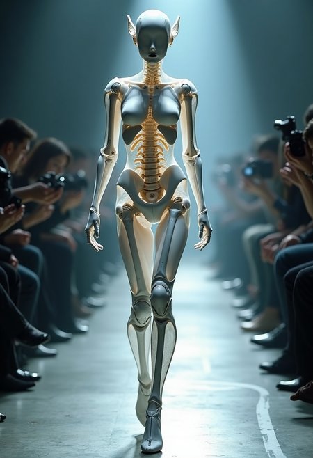 photorealistic, score_9,score_8_up,score_7_up,score_6_up, Tesla's Waifu MKI, Fashionshowcatwalk, pressphotografie , a boneswm Householdrobotwoman, (batteries not included:1.2).