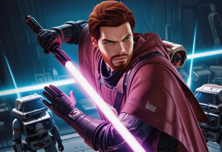 score_9,score_8,,high resolution ,HDR 8K quality,Ralistic,3DMM,1boy_Cal Kestis, reddish brown short beard , Reddish brown hair, realistic, green eyes,wearing a red poncho, serious expression,fighting stance,holding a purple light saber in right hand,left hand raised in lifting gesture,detailed background of storm troopers and starwars space ships,light aura,force impact,motion blur,dynamic angle full shot,depth of field photoshoot ,perfect face,detailed face,detailed hands,deflecting lasers with jedi lightsaber