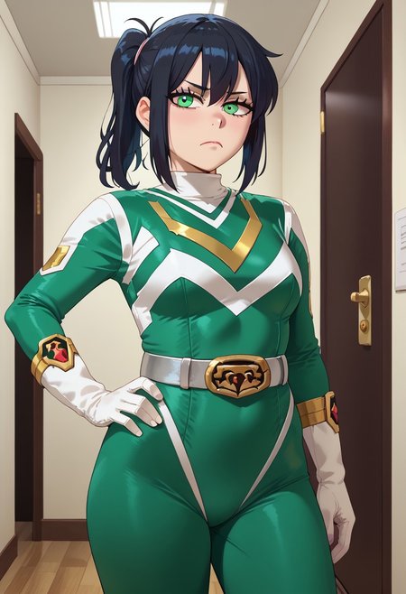 score_9, score_8_up, score_7_up, BREAK,
1girl, solo, sentaisaintforce, green bodysuit, silver belt, white gloves, spandex, wing-shaped chest symbol, helmet removed, no headwear, 1girl, reneegr, black hair, ponytail, sidelocks, long hair, green eyes, jitome, bags under eyes, BREAK,
cowboy shot, frown, looking at viewer, standing, hand on hip, indoors, hallway