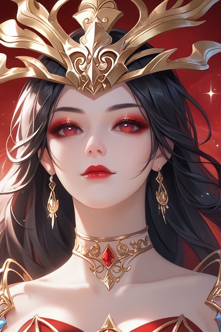 score_9,score_8_up,score_7_up,
<lora:MedusaQueenPonyZ:0.9>,lora:Aurealis_beta:0.5>,aurealis,bioluminescent,iridescent,
Medusaart,1girl,solo,jewelry,beautiful_detailed_eyes,earrings,red eyes,portrait,black hair,long hair,looking at viewer,close-up,closed mouth,shiny,hair ornament,dark red background,shining eye shadow,sparkle,hand-painted background,half_closed_eyes,eyeshadow,eyeliner,jitome,eyes like jewels,