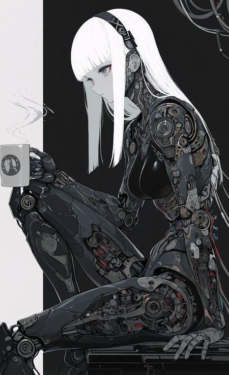 masterpiece, best quality, good quality, very awa, newest, highres, absurdres, 1girl, solo, long hair, breasts, holding, sitting, medium breasts, white hair, sidelocks, hairband, blunt bangs, from side, cup, grey eyes, makeup, expressionless, arm support, headgear, robot, holding cup, straight hair, science fiction, knee up, mug, android, cable, joints, mechanical arms, cyborg, single mechanical arm, robot joints, coffee mug, mechanical parts, mechanical legs, cyberpunk, limited palette, <lora:illustriousXL_stabilizer_v1.23:0.3> <lora:NOOB_vp1_detailer_by_volnovik_v1:0.3> <lora:ponyv6_noobE11_2_adamW-000017:0.3> <lora:114558v4df2fsdf5:0.6> <lora:XXX667:0.4> <lora:mon_monmon2133:0.5>