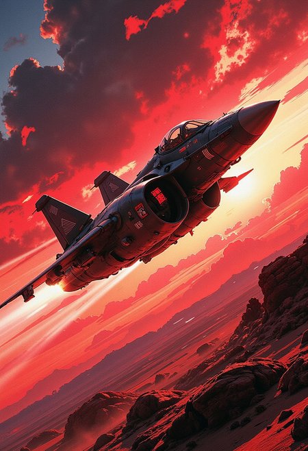 in the style of ck-mgs, A digital artwork in the style of cknc, a futuristic, highly advanced variable space fighter, small armoured spacecraft, flying rapidly over a rocky, arid planet. The fuselage is dark and has military insignia, and has a large air intake.  The sky has dark clouds, and is a surreal red, sunset