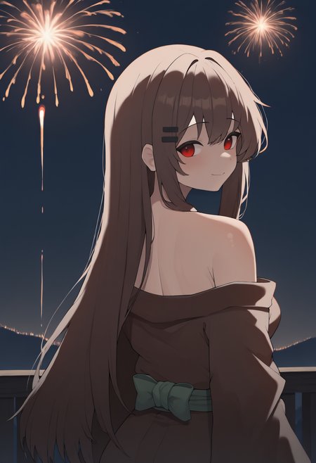 anime, masterpiece, best quality, newest, from behind, solo, 1girl, mrfsh, slight smile, looking back, long hair, brown hair, hairclip, red eyes, japanese clothes, brown kimono, off shoulder, green sash, bare shoulders, outdoors, night, fireworks
<segment:yolo-Anzhc Face seg 640 v2 y8n.pt,0.4,0.5//cid=1>