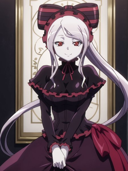 detailed background, shiny skin, posing, rating safe,
<lora:shalltear.pony:1>,
shalltear,
large breasts, 
cowboy shot, 
leaning, greeting, half-closed eyes, holding skirts, looking at viewer, smile,