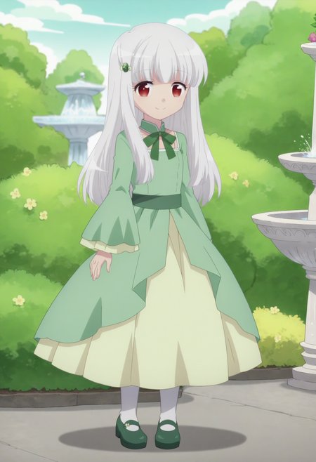 score_9, score_8_up, score_7_up, score_6_up, score_5_up, score_4_up , anime coloring ,BREAK source_anime, anime,screencap,
1girl, solo, sophiea, hairclip, white pantyhose, green dress, green mary janes,<lora:PonyXL Sophia Ascart V1:1>
 outdoors, garden, bushes, flowers, detailed background, fountain, 
smile, looking at viewer,